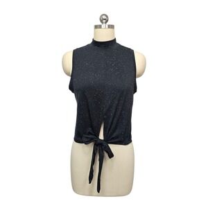 Lululemon Black Speckled Mock Neck Sleeveless Tie Front Cropped Tank Top Size 6